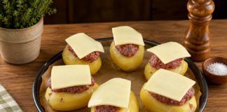 Patatas rellenas de albóndigas y queso